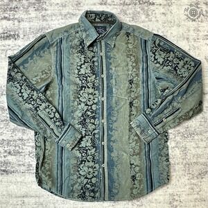 Indigo Palms Tommy Bahama Blue Green Floral Corduroy Shirt Men's Medium Y2K